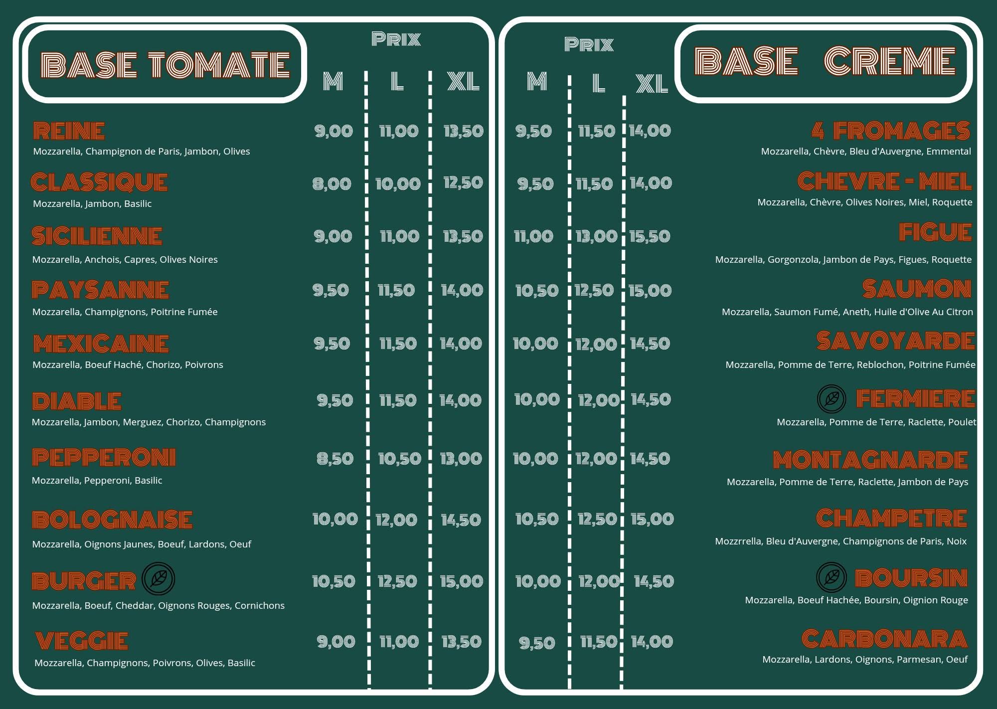 Menu Pizz'à Dun Verso
